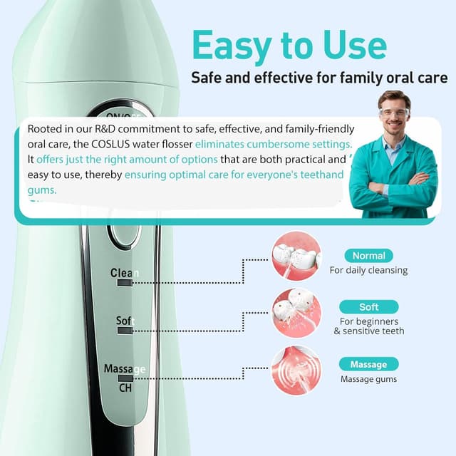 Detalle de COSLUS C20 Portable Cordless Water Flosser (300ML) — IPX7 Rechargeable Dental Irrigator, Green
