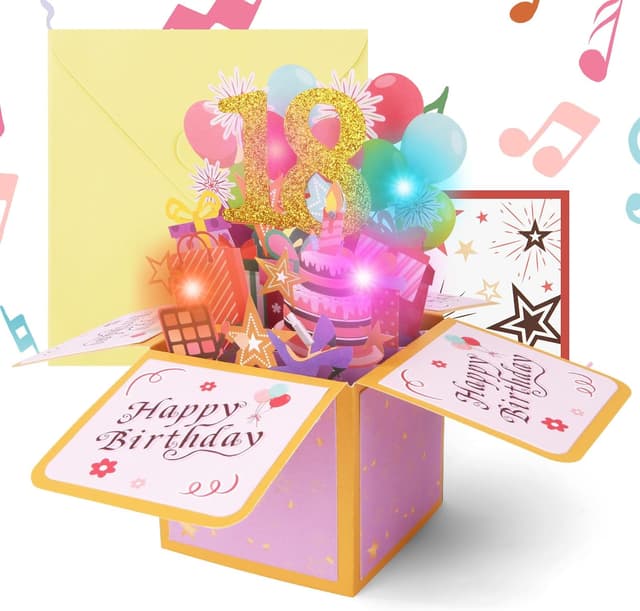 Detalle de Carte d’anniversaire 18 ans OFFCUP pop-up 3D musicale avec bougie à souffler et enveloppe (rose)