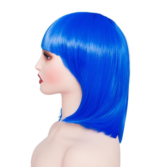 Detalle de PARXITN Bob-Perücke mit Pony in Blau – Synthetikhaar, ca. 28 cm Schulterlänge, gewellt