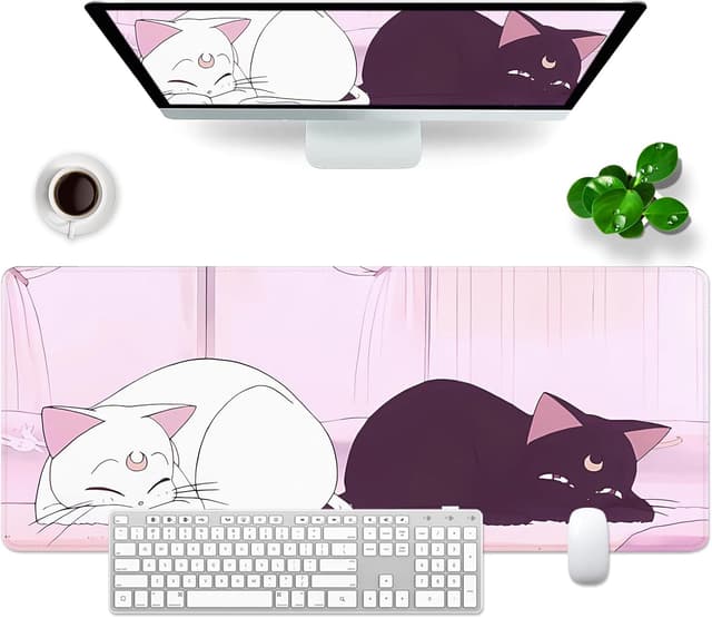 Detalle de VYEUIAO Rosa Gaming Mousepad Katze (800 x 300 mm) – XL Schreibtischunterlage mit rutschfester Basis