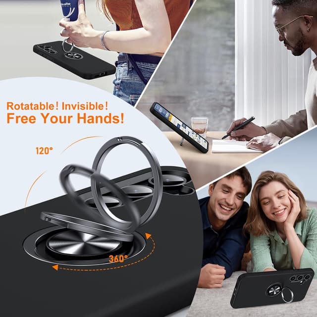 Detalle de AOUIA Samsung Galaxy A55 5G case with 2 screen protectors, 360° ring kickstand and military-style drop protection (Black)