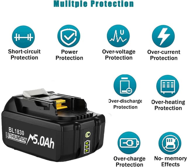 Detalle de 4× 18V 5.000 mAh Ersatzakku für Makita BL1850/BL1860 (LED-Anzeige, passend für viele LXT-400 Werkzeugakkus)