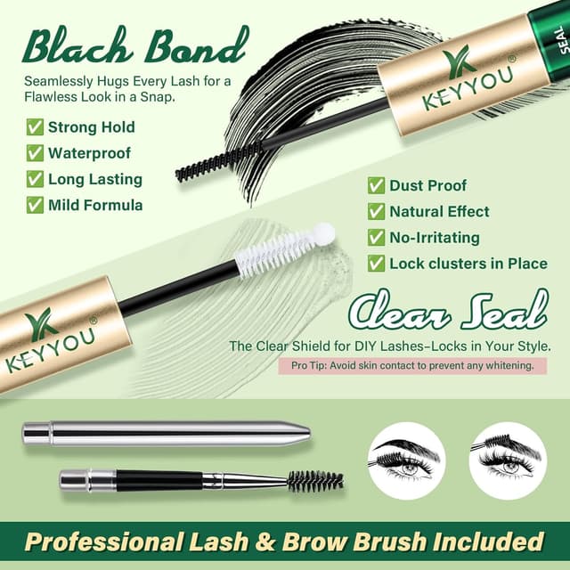 Detalle de KEYYOU Lash Bond and Seal Waterproof Lash Cluster Glue (72H) – 2-in-1 Black, 10ml