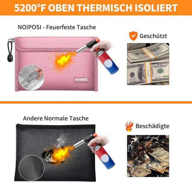 Detalle de Noiposi 2er Pack feuerfeste Tasche (21,5 x 14 cm, 5200°F) mit Kartenfach – wasserdicht & mit Reißverschluss