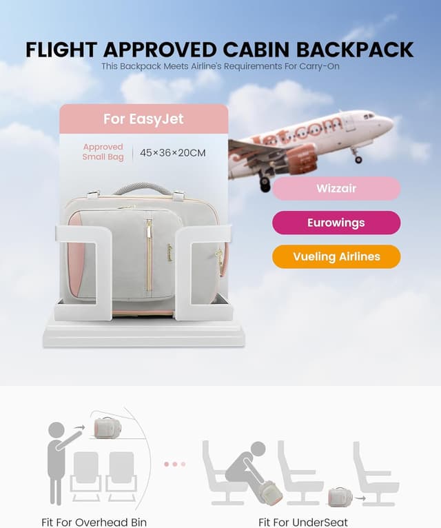 Detalle de LOVEVOOK Easyjet approved 45x36x20cm underseat cabin bag 32L with 180° opening & laptop compartment