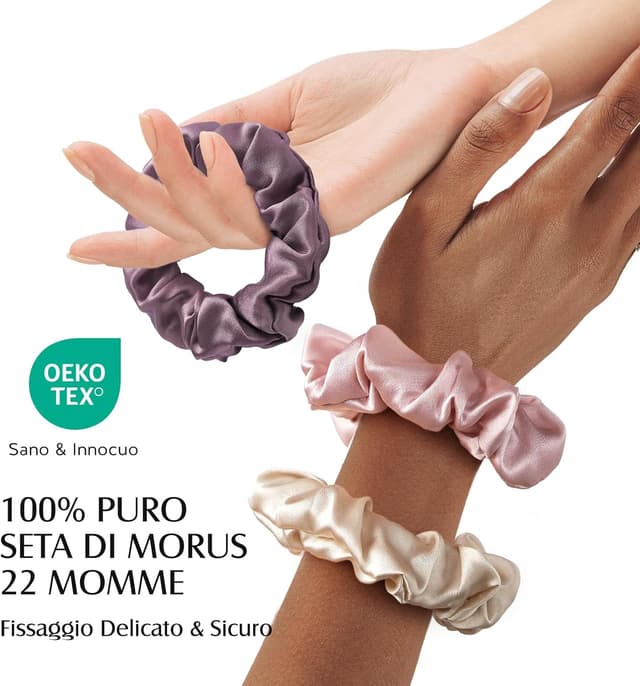 Detalle 2 de Set di 3 scrunchies in seta Umisleep (100% gelso) rosa + champagne + viola prugna