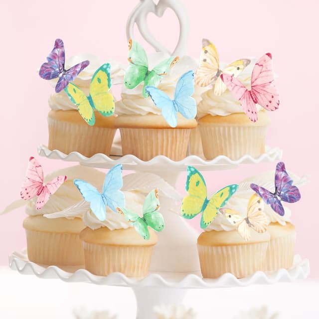 Detalle de 40 Stück essbare Schmetterling-Tortendeko (Esspapier) Regenbogen – Schmetterling Cupcake Toppers für Hochzeit & Geburtstag