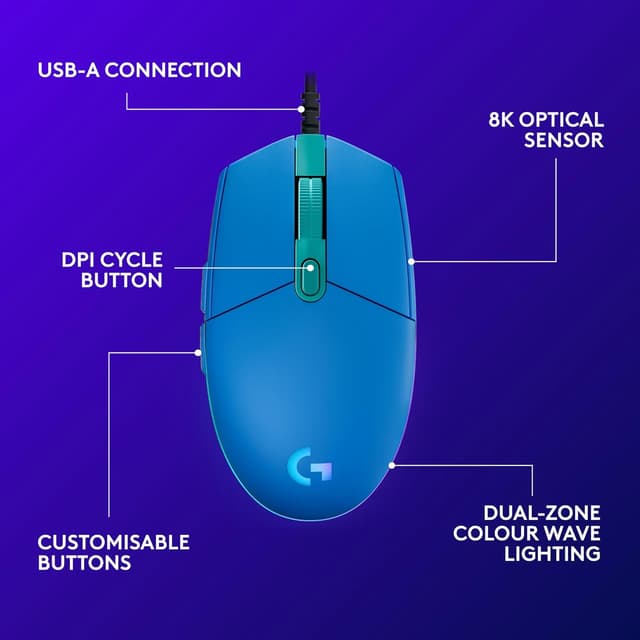 Detalle 2 de Logitech G203 LIGHTSYNC Gaming Mouse (Blue) with Customisable RGB, 6 Programmable Buttons & 8K DPI Tracking