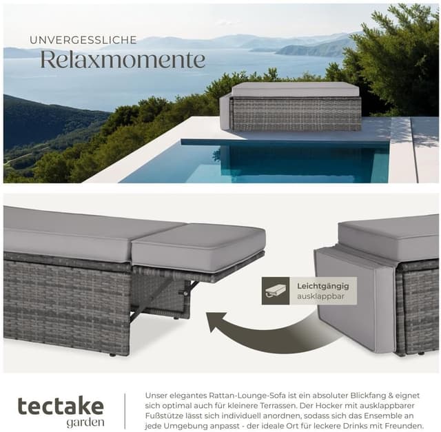 Detalle 2 de tectake Sofa Set: 2-Sitzer Couch mit Hocker, Schlaffunktion und wetterfestem Polyrattan für Outdoor