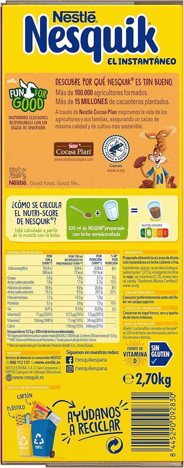 Detalle 2 de Nesquik NESTLÉ Cacao Soluble Instantáneo 2.7kg 🍫 Estuche