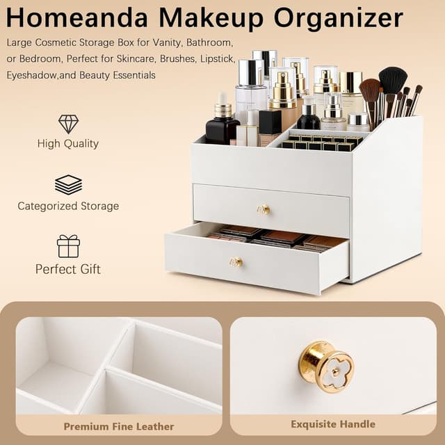Detalle de Homeanda Make-up-Organizer aus Kunstleder mit 2 Schubladen (weiß) – Ordnung für Kosmetik, Schmuck & Pflege