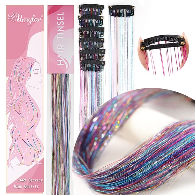 Detalle 2 de Hair Tinsel Pack of 12 Clip-In Glitter Extensions (20 Inch) — Colorful Party Hair Accessories for Women & Girls