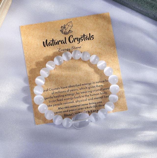 Detalle de XIANNVXI Cat Crystal Bracelet with Clear Quartz Beads (8mm) – Elasticated Cat Gift for Women