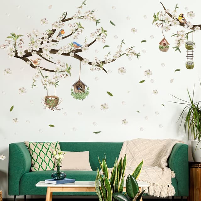 Detalle de HPNIUB Flower Tree Branch Birds Wall Stickers (White floral wall art) 84 x 30cm