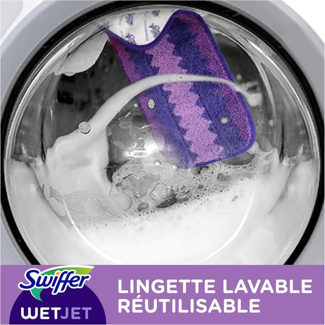 Detalle de Swiffer WetJet – kit de démarrage pour sols (balai, lingette microfibre lavable, lingettes jetables, solution nettoyante)
