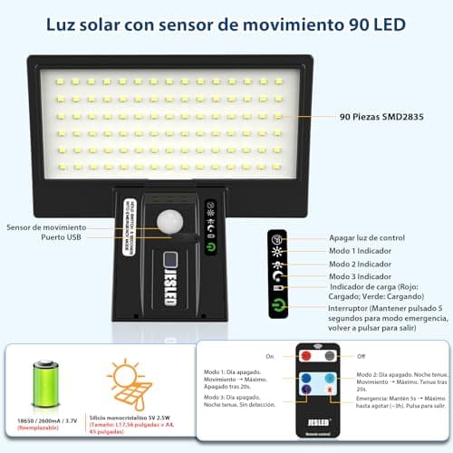 Detalle 2 de JESLED Luz Solar Exterior con Sensor de Movimiento (2 paquetes, 90 LED) e IP65 para jardín y camino