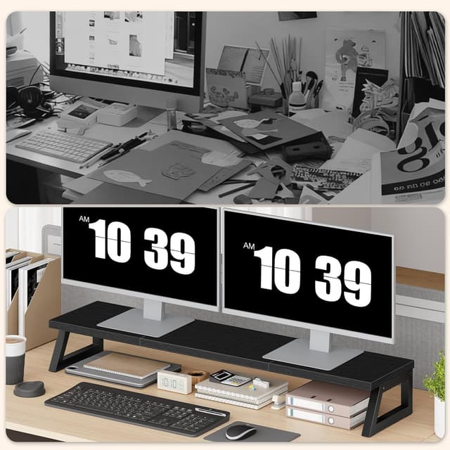 Detalle de HOOBRO EBB121CJ01 supporto scrivania per 2 monitor con rialzo e spazio contenitore