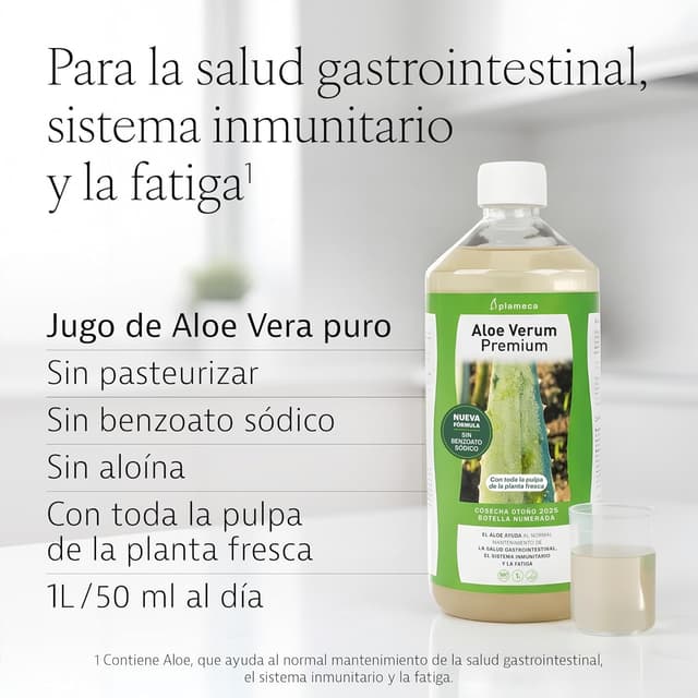 Detalle 2 de Plameca Aloe Verum Premium (1L) — jugo puro de aloe vera con pulpa, sin aloína