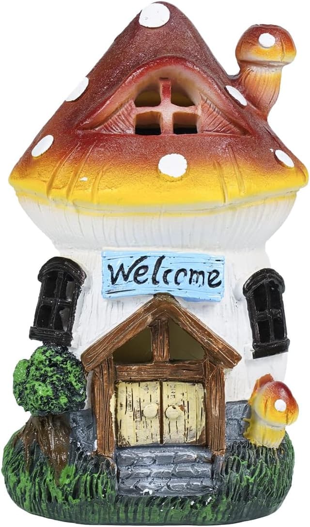 Detalle de LIMOR 6-inch solar mushroom house garden figurine statue with solar lights
