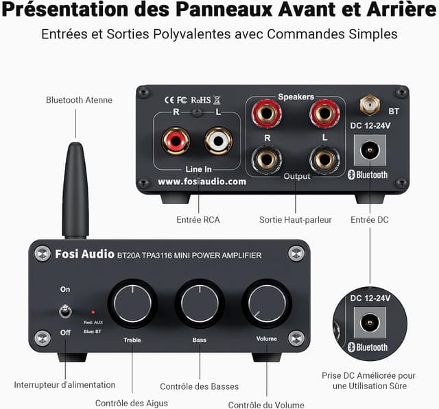 Thumbnail 6 de Fosi Audio BT20A : ampli Bluetooth stéréo 2 canaux 100 W x2 (classe D) pour enceintes Hi-Fi
