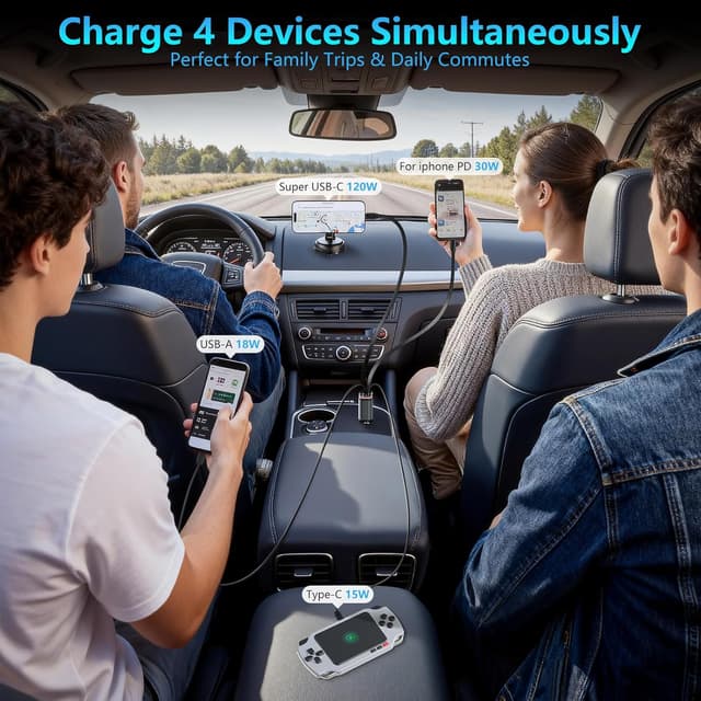 Detalle de Jukibole Zigarettenanzünder-Ladegerät mit Sternenhimmel, 120W Auto-USB-C Schnellladung & einziehbares Kabel