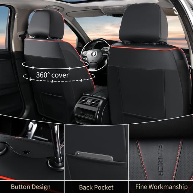 Detalle de FLORICH Leather Seat Covers (Front & Rear) for 5 Seats — Universal Fit, Waterproof Faux Leather, Black & Red Line