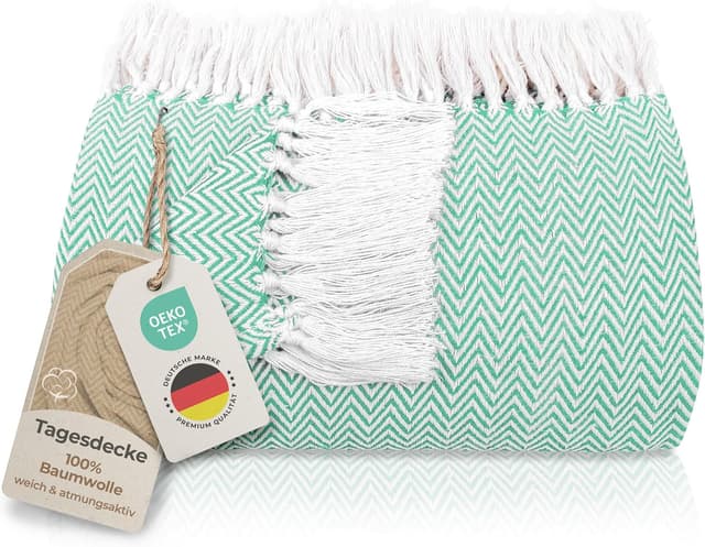 Detalle de Gräfenstayn Premium Tagesdecke mit Fransen – 100% Baumwolle, Fischgrätenmuster, 150 x 200 cm (Mint)