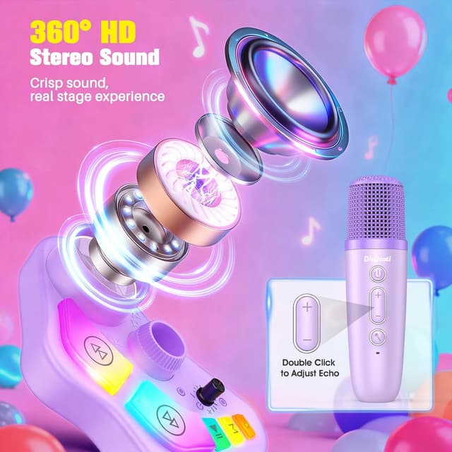 Detalle de Kinder-Karaoke-Maschine mit 2 Bluetooth-Mikrofonen und höhenverstellbarem Mikrofonständer (LED & 5 Toneffekte) – Geschenk ab 3 bis 12 Jahre