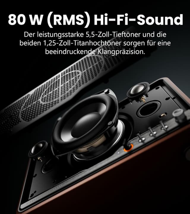 Detalle de Edifier S300 kabelloser Hi‑Fi‑Tischlautsprecher mit AirPlay 2, AirPlay‑Multiroom und Fernbedienung (Retro‑Walnussoptik)