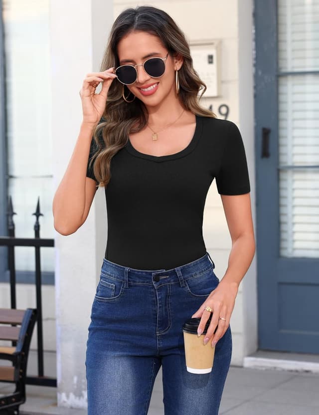 Detalle de Aottori Damen T-Shirt mit V-Ausschnitt, kurzarm, gerippt – Slim Fit Basic Tee