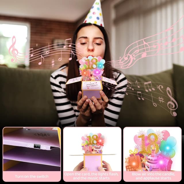 Detalle 2 de Carte d’anniversaire 18 ans OFFCUP pop-up 3D musicale avec bougie à souffler et enveloppe (rose)