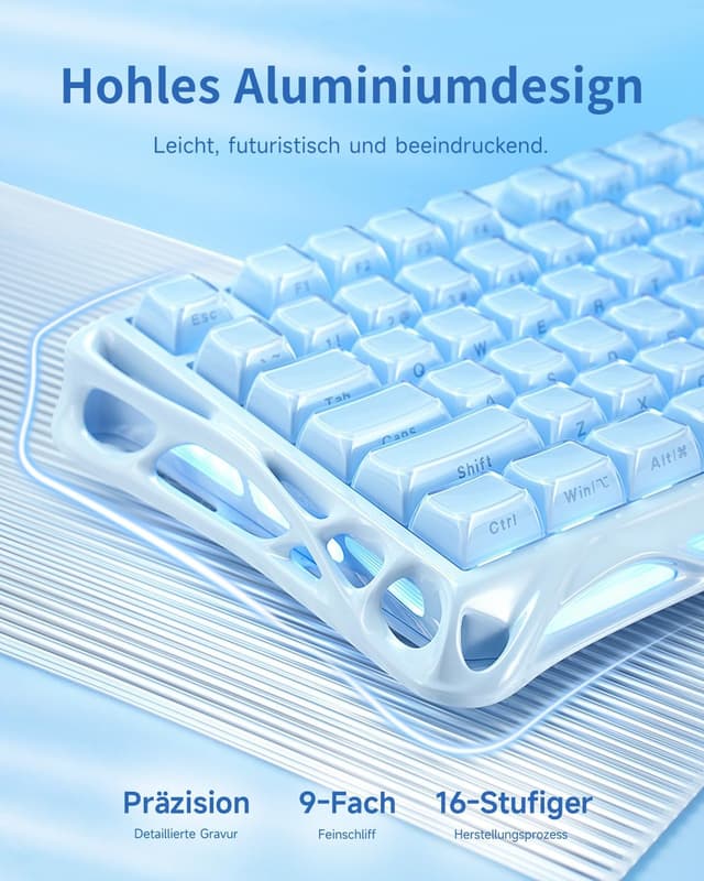 Detalle 2 de GravaStar Mercury K1 75% Gaming-Tastatur (Aluminium, Hot-Swap, Lineare Schalter) – Eisblau