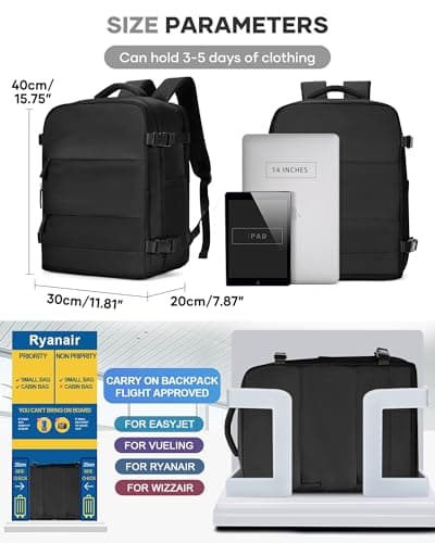 Detalle de BJLFS Mochila de cabina 40x30x20 para avión (Ryanair, Wizzair) con bolsillo portátil de 17" y compartimento seco/húmedo, negra