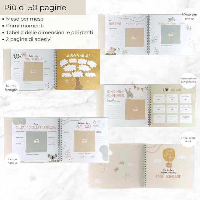 Detalle 2 de HuBorns Album Nascita Bambina e Bambino con +50 pagine e adesivi per incollare foto e scritte