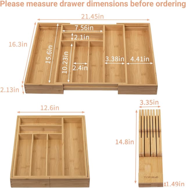 Detalle 2 de TIOPGHAD Bamboo Expandable Silverware & Utensil Drawer Organizer with Detachable Knife Rack