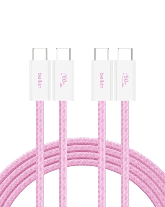 Detalle de Belkin USB-C to USB-C Cable 2-Pack (6.6ft) — 60W Fast Charging, Braided, Soft Pink