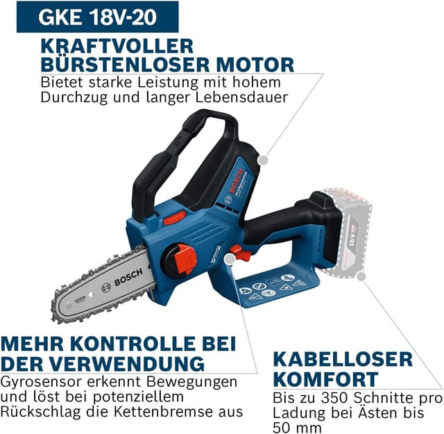 Detalle de Bosch Professional 18V System Astsäge GKE 18V-20 – bürstenlos, bis 18 cm schneiden, mit Schwertschutz (ohne Akku)