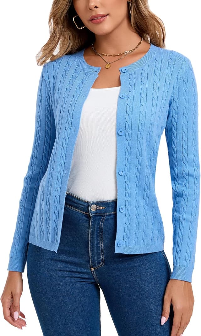 Thumbnail 6 de Dosieyeo Damen Strickjacke Elegant mit Zopfmuster – kurzarmarmiger Cardigan mit Knopfleiste (Rundhals)