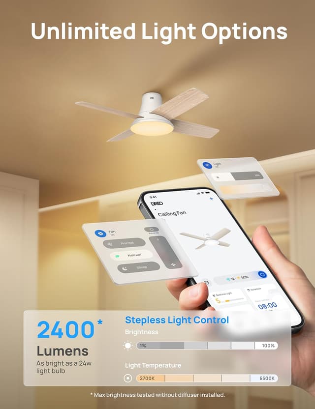 Detalle 2 de Dreo 44 in Smart Flush Mount Ceiling Fan with Lights, 12 Speeds, Quiet DC Motor, Dimmable LED, Remote & App