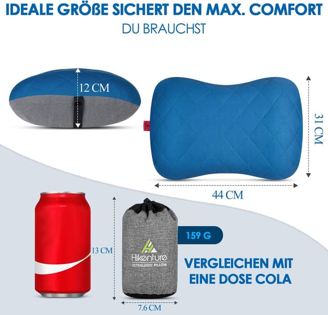 Detalle de HIKENTURE Aufblasbares Camping- & Reisekissen mit abziehbarem Kissenbezug (blau) – One Size