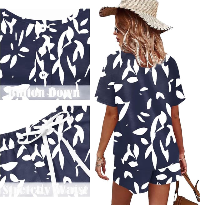 Detalle de WIHOLL Women’s 2-Piece Lounge Set (Button-Down Top + Drawstring Shorts with Pockets)