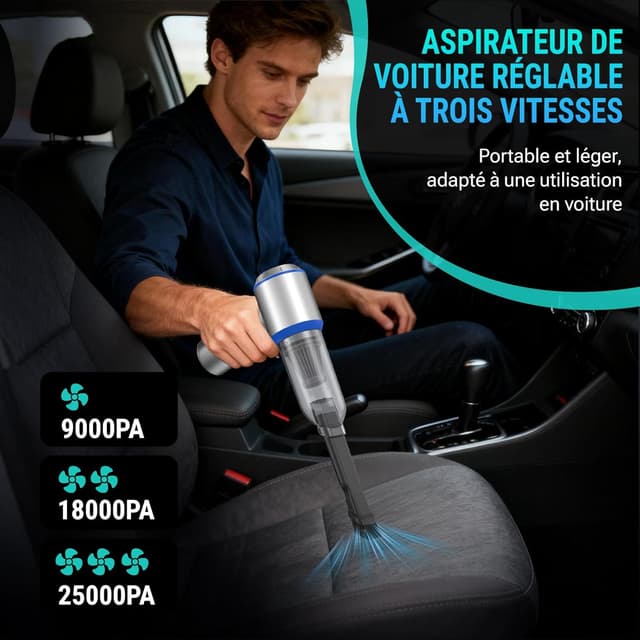 Detalle de Aspirateur à main sans fil 25000 Pa / 120 W – mini aspirateur voiture avec moteur sans brosse et 3 vitesses