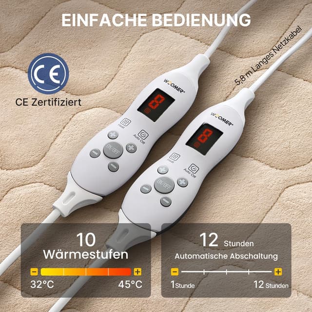 Detalle de WOOMER Elektrisches Wärmeunterbett mit Abschaltautomatik, 200GSM Velours, 10 Stufen und 12h-Timer (135×190 cm)