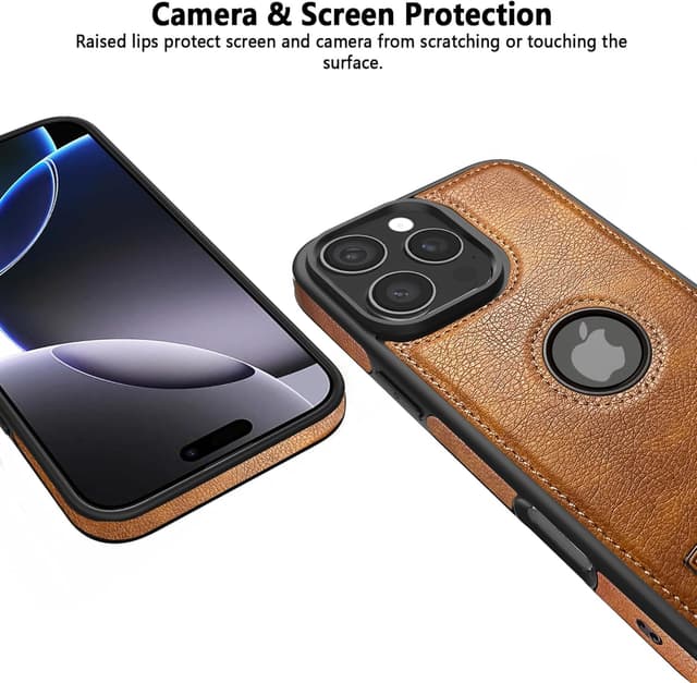 Detalle de KSELF Leather Case for iPhone 16 Pro Max (6.9") with Built-in Invisible Kickstand, Protective Slim TPU + PU Leather, Brown