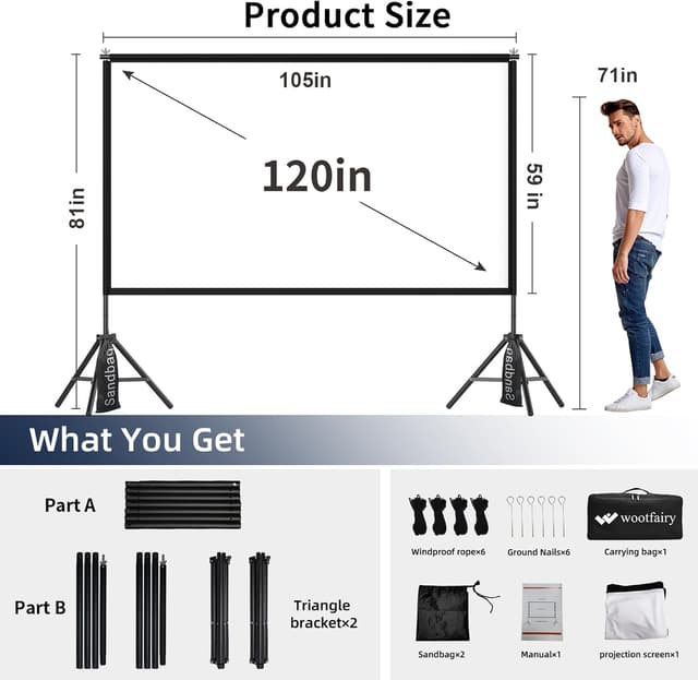 Detalle de Wootfairy 120-inch Portable Foldable Projector Screen with Stand (16:9, 4K HD-ready)