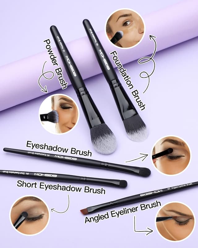 Detalle de EIGSHOW set da 5 pennelli per il trucco essenziali (base, cipria, ombretto, eyeliner) in nero