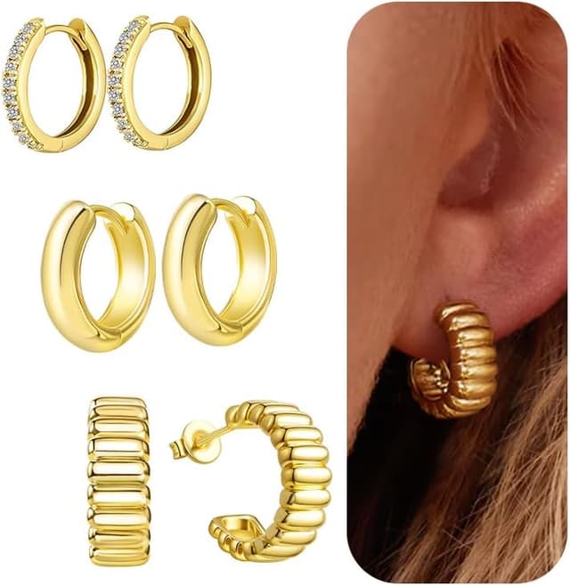 Thumbnail 6 de jagosen 3 Paar Creolen Silber 925 / Gold-Optik mit Zirkonia – Set für durchstochene Ohrläppchen