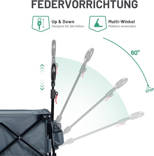 Detalle de TIMBER RIDGE XXL faltbarer Bollerwagen mit Seitentasche, Getränkehalter und verstellbarem Griff