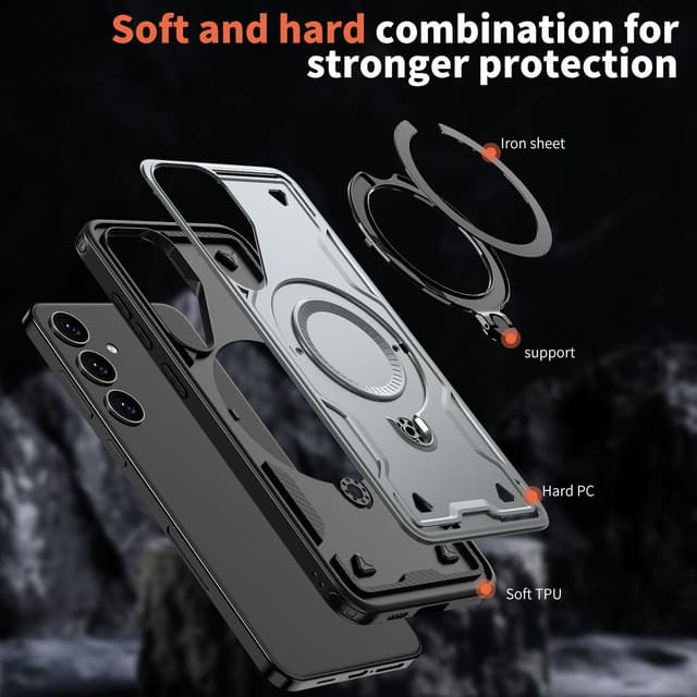 Detalle de Tuvror Hülle für Galaxy S24 & S25 mit 360° Drehständer, stoßfester Schutz und MagSafe-Kompatibilität (Grau)