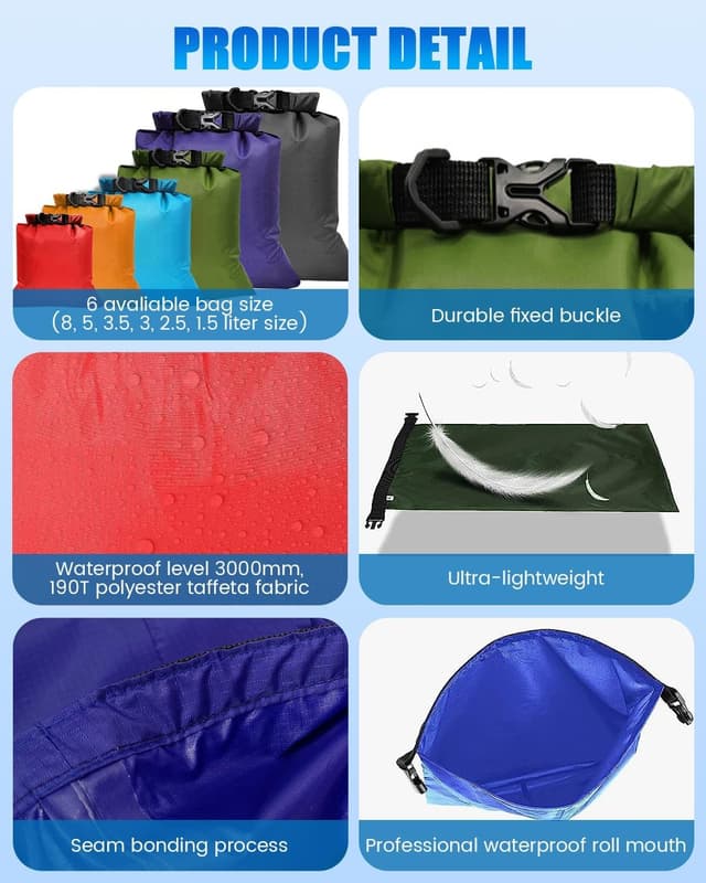 Detalle de Evolpor 6-Piece Waterproof Dry Bag Set (8L, 5L, 3.5L, 3L, 2.5L, 1.5L) for Hiking, Camping & Fishing